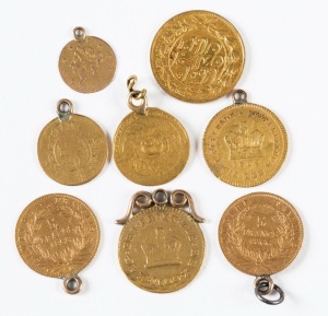 Coins - World: Great Britain: GOLD COIN SELECTION: most with jewellery mounts including GREAT BRITAIN 1800 & 1804 1/3rd Guineas, FRANCE 1866 5fr, SPAIN 1817 Fernando VII ½ Escudo and three others; condition variable, total coin weight 13.5gr approx. 