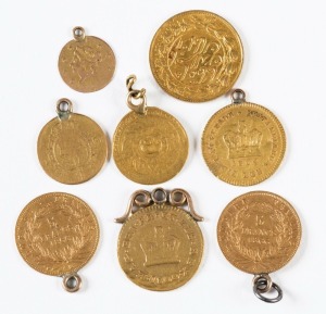 Coins - World: Great Britain: GOLD COIN SELECTION: most with jewellery mounts including GREAT BRITAIN 1800 & 1804 1/3rd Guineas, FRANCE 1866 5fr, SPAIN 1817 Fernando VII ½ Escudo and three others; condition variable, total coin weight 13.5gr approx.