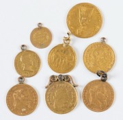 Coins - World: Great Britain: GOLD COIN SELECTION: most with jewellery mounts including GREAT BRITAIN 1800 & 1804 1/3rd Guineas, FRANCE 1866 5fr, SPAIN 1817 Fernando VII ½ Escudo and three others; condition variable, total coin weight 13.5gr approx.  - 2