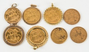 Coins - Australia: Various Sovereigns (and various Mints) in necklace gold mounts or otherwise modified: 1885 in mount; 1886 with impressed "earring"; 1887 holed; 1888 with indent; 1892 in mount; 1898 in mount; 1911 in mount and 1917 in mount. (8 coins; 5 gold mounts). Total weight: 70 grams.