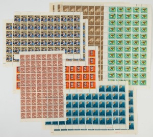 8d Tiger Cat (Helecon paper) right pane (80), 6d Thornbill sheet (6), 5d ANZAC, 3 sheets (240), 5d ITU 2 sheets (120), 5d Monash sheet (60), 1965 Christmas 2 sheets (120); mainly fine.