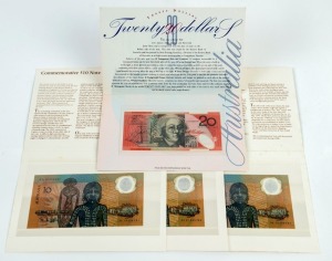 1988 $10 Bicentenary folders (3), 1994 $20 Fraser/Evans dated note in folder (1). Total: 4 items).