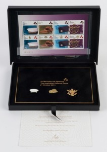 Decimal Issues: 2014 (SG.MS4274) "A Century of Service - Australian Defence Force" Miniature Sheet overprinted in gold "169/250" in the original presentation box with 3 cap pins and CoA.