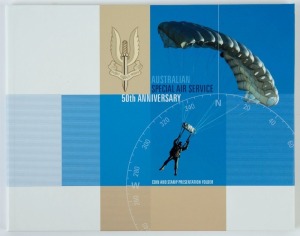 Decimal Issues: 2007 (SG.2860) 50c Special Air Service 50th Anniversary sheetlet of 10 + special Perth Mint $1 coin in numbered (#652/2000) souvenir folder signd by the designers.