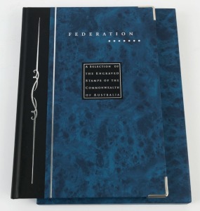 2001 "A Selection of the Engraved Stamps of the Commonwealth of Australia - Federation" comprising 30 reprinted die proofs in blue/bluish-green, including 1/- ANZAC, 10/- Arms & AAT 5d Mawson; housed in original album with slipcase.