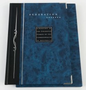 2001 "A Selection of the Engraved Stamps of the Commonwealth of Australia - Federation" comprising 30 reprinted die proofs in blue/bluish-green, including&nbsp; 1/- ANZAC, 10/- Arms & AAT 5d Mawson;&nbsp;housed in original album with slipcase.