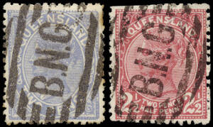 1885-1901 &frac12;d (3), 2d (2), 2&frac12;d (2) and 4d stamps all cancelled by the eight bar obliterator with "B.N.G." in thick lettering, used at Port Moresby.