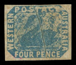 WESTERN AUSTRALIA: 1854 (SG.3a) Imperforate 4d Blue with good-to-large margins all sides; pre-printing paper flaw resulting in strong vertical "crack" in design and weakness through POSTAGE at top. Unused.
