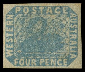 WESTERN AUSTRALIA: 1854 (SG.3) Imperforate 4d Pale Blue, superb four-margin example with large part o.g. (Small stray ink spot between G and E of POSTAGE mentioned for accuracy.). Cat.£375.