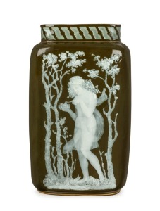 GEORGE JONES olive green pate sur pate vase, attributed to FREDERICK SCHENK, late 19th century. Illustrated in "George Jones Ceramics 1861-1951" page 162, Cat. No. 430 pattern. 24cm high