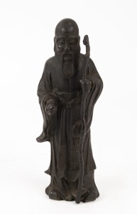 A Chinese bronze statue of a sage holding a peach and a staff, 20th century, ​​​​​​​25.5cm high