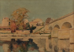 EDE RETZ, I.) Cognac Le Pont, 1917, II.) Cognac Le Pont, 1919, watercolours, both signed and titled lower right, the larger 22 x 31cm, 41 x 48cm overall