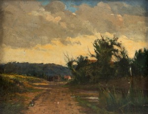 ARTIST UNKNOWN European School), (farm in landscape), oil on wood panel, signed lower right (illegible), 24 x 31cm, 34 x 41cm overall