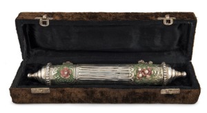 A sterling silver container with removable top, designed to contain a document or parchment; with painted highlights, housed in a plush velvet box, early 20th century, 28cm long, 230 grams