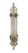 A sterling silver container with removable top, designed to contain a document or parchment; with painted highlights, housed in a plush velvet box, early 20th century, 28cm long, 230 grams - 2
