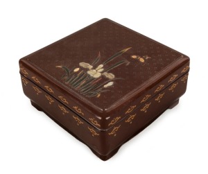 A Japanese lacquer ware box with Shibayama decoration, Meiji period, 19th/20th century,  ​​​​​​​8cm high x 16.5cm wide x 16.5cm deep