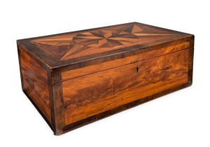 An antique Anglo-Ceylonese writing slope with specimen wood inlay, 19th century. Finely crafted with two separate secret compartments fitted with drawers, 16cm high, 44cm wide, 26cm deep