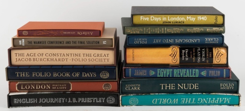 FOLIO SOCIETY: A selection of FS publications, all housed in their own slipcases; includes "The Nude" by Kenneth Clark; "Mapping the World" by Peter Whitfield; "The Wannsee Conference and the Final Solution" by Mark Roseman; "Five Days in London, May 1940