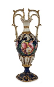 DERBY (attributed) antique English blue and gilt porcelain vase, with hand-painted floral decoration in coloured enamels, 19th century, 24cm high