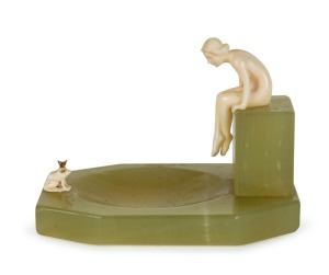 An Art Deco carved ivory and green onyx frog and female nude statue, circa 1920s, 6.5cm high, 9cm wide