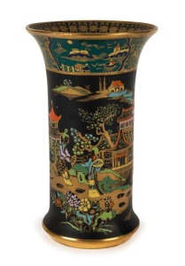 CARLTON WARE Chinoiserie pagoda pattern vase on rare black and green ground, early W. & R. Swallow mark to base, 15cm high
