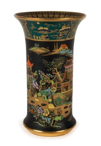 CARLTON WARE Chinoiserie pagoda pattern vase on rare black and green ground, early W. & R. Swallow mark to base, ​​​​​​​15cm high