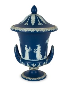 WEDGWOOD antique English blue Jasper ware porcelain lidded classical urn, 19th century, impressed "Wedgwood, England", 27cm high