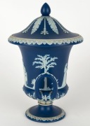 WEDGWOOD antique English blue Jasper ware porcelain lidded classical urn, 19th century, impressed "Wedgwood, England", 27cm high - 2