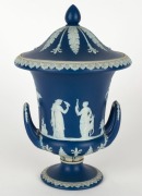 WEDGWOOD antique English blue Jasper ware porcelain lidded classical urn, 19th century, impressed "Wedgwood, England", 27cm high - 3