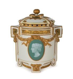 K.P.M. German porcelain potpourri vase with pate sur pate cameo vignettes and gilded highlights, early 20th century, red and blue factory marks to base, 19cm high, 16cm wide