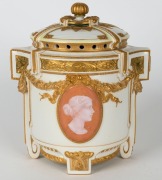 K.P.M. German porcelain potpourri vase with pate sur pate cameo vignettes and gilded highlights, early 20th century, red and blue factory marks to base, ​​​​​​​19cm high, 16cm wide - 2