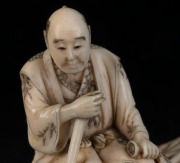 A Japanese carved ivory stature of the wood cutter, Meiji period, two character red seal mark to base, ​​​​​​​7cm high, 10cm wide - 2