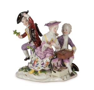 MEISSEN "The Lottery Game" important antique German porcelain figural group, by J.J. KAENDLER, circa 1760, blue crossed swords mark to base, ​​​​​​​14.5cm high