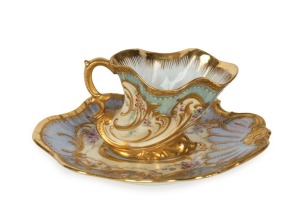 DRESDEN antique German fine porcelain cup and saucer in the Baroque style, hand signed "Dresden" with crown, the saucer 11cm wide