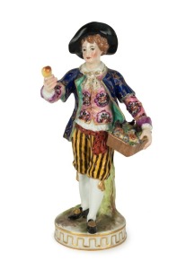 DERBY antique English porcelain statue of the fruit seller, early 19th century, red crown mark to base, 22.5cm high
