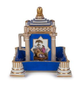 MEISSEN antique German blue porcelain chocolate cup, saucer and cover with pierced rim, 18th century, underglaze "A.R." Augustus Rex mark, 12cm high overall