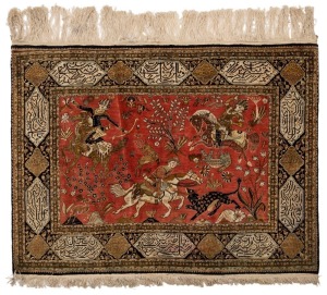 A fine Persian hand-woven silk pictorial rug with hunting scene,  110 x 140cm 