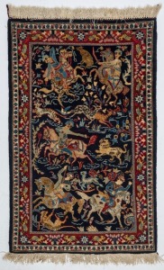 A Persian hand-woven wool rug with pictorial hunting scene on blue ground,  ​​​​​​​125 x 77cm 