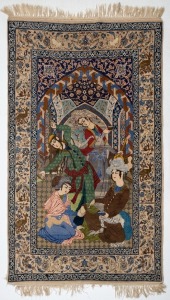 A fine Persian silk hand-knotted pictorial rug with courtly scene (tassels frayed),  195 x 108cm