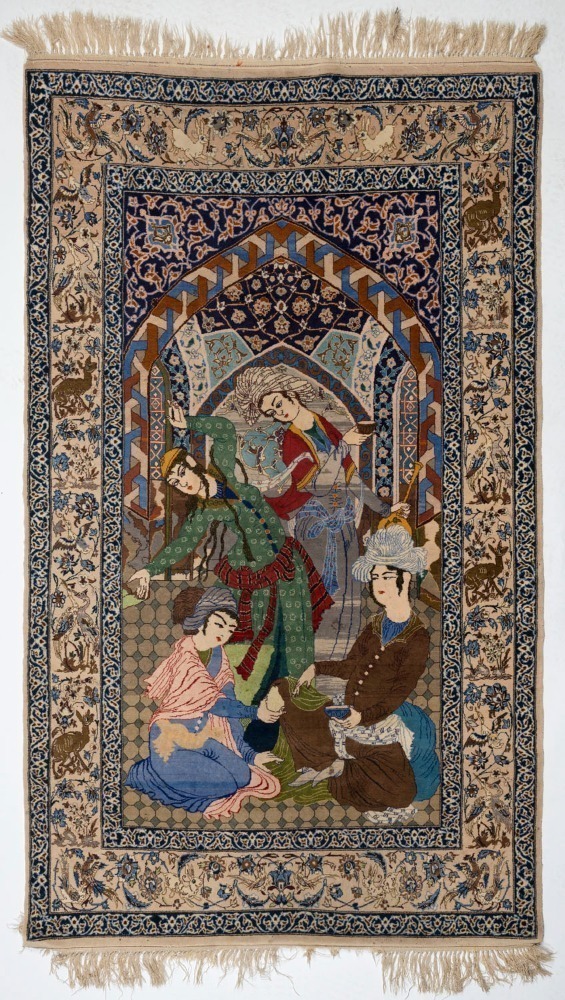 A fine Persian silk handknotted pictorial rug with courtly scene