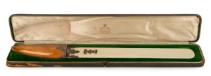 QUEEN VICTORIA 1897 Christmas present to her cousin PRINCE HENRY of PRUSSIA, Impressive letter opener, ivory and horn mounted in sterling silver with rose gold Queen Victoria Royal cypher, in original plush fitted case, by CARRINGTON & Co. of Regent Stree