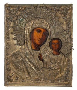 A Russian icon of Mother of God of Kazan with gilt metal cover, early 20th century, 27cm x 22cm