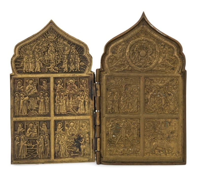 OLD BELIEVERS icon diptych depicting great feasts and icons of the Mother of God in cast bronze, 19th century,18cm x 20cm overall  