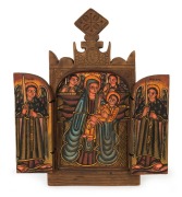 Ethiopian orthodox Christian triptych icon depicting the Mother of God and guardian angels, in carved wooden frame, 20th century, 30.5cm x 26cm 