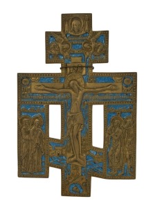 OLD BELIEVERS Russian house cross of the Crucifixion, cast bronze with blue enamel decoration, 19th century, a fine casting; 22.5cm high, 15cm wide