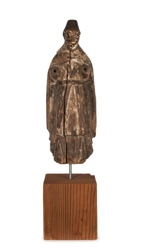 A Filipino antique religious statue depicting a bishop, carved wood and polychrome finish on later timber stand, 18th/19th century, 25cm high, 28cm high overall