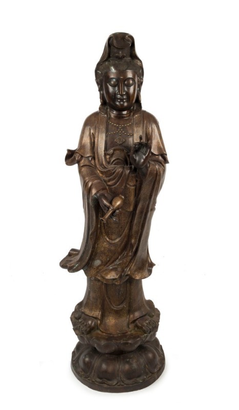 GUANYIN antique Chinese cast bronze statue with Damask brass inlay, 19th/20th century, 151cm high