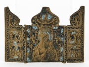 OLD BELIEVERS antique Russian triptych icon depicting Mother of God of the Passion and four festal scenes, cast bronze with remains of blue enamel finish, 19th century, 10cm high, 14cm wide overall