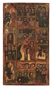 Ethiopian Orthodox icon depicting the crucifixion and various scenes of martyrdom, hand-painted on timber, 19th/20th century, 50cm high, 28cm wide