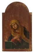 An antique Russian icon of Mary in the Western style, hand-painted timber with remains of gilded finish on carved timber panel, 18th/19th century, 42 x 24cm